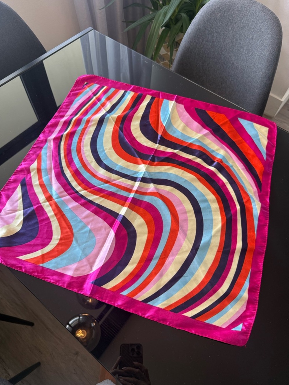Vibrant Swirl Print Silk Scarf - Fuchsia Border